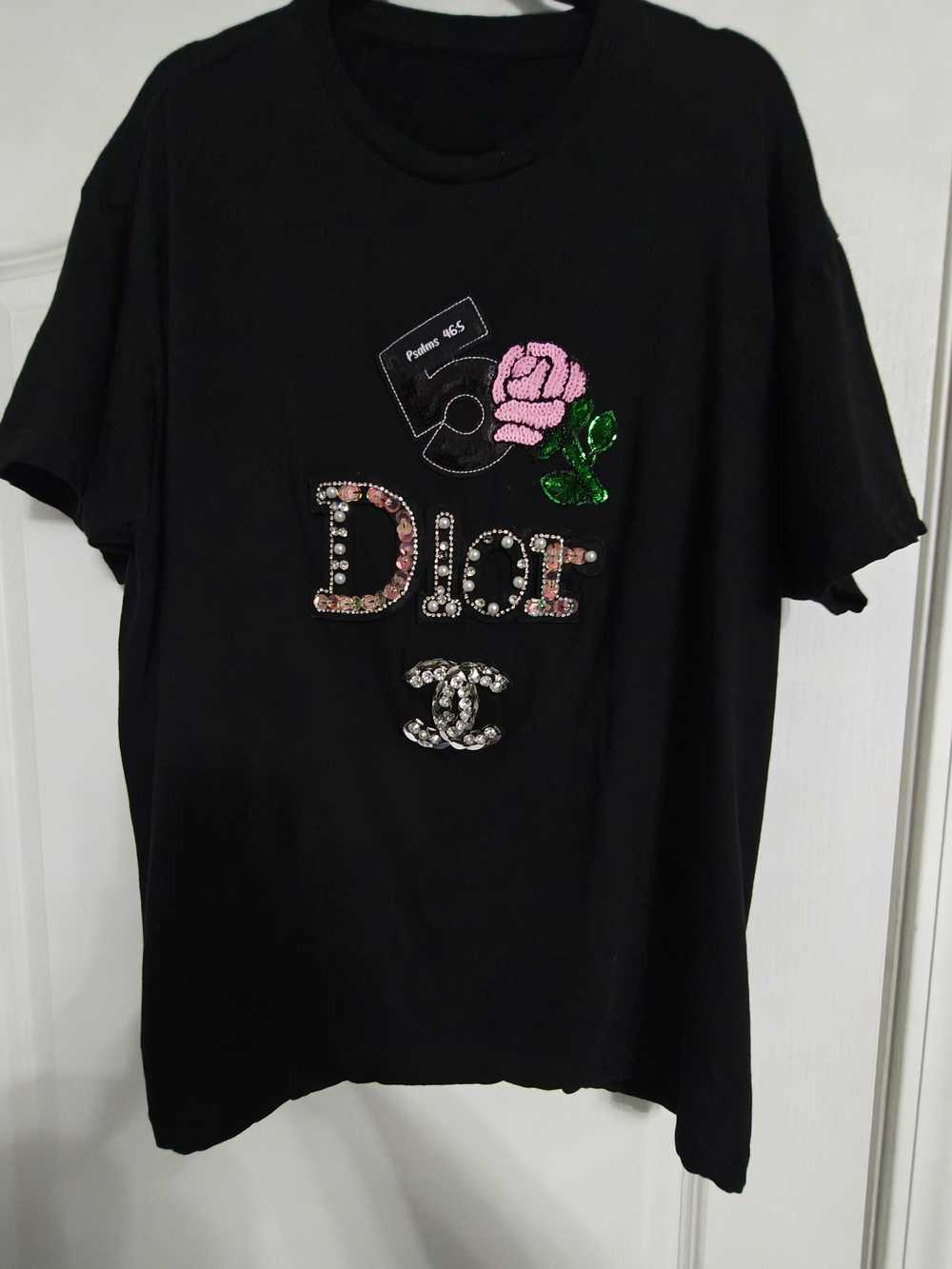 Drama Dior & Chanel Tee with Pink Sequin Rose and Green Leaf Embellishment